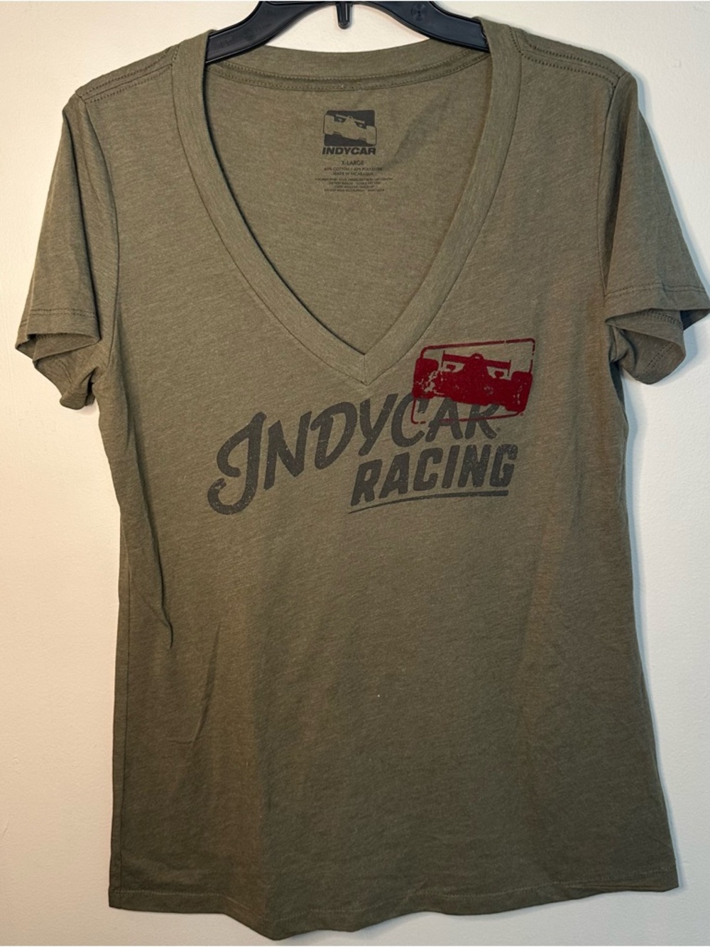 Indycar Racing Womens XL Olive Green V-Neck Velvet Textured Graphic T-Shirt - Picture 3 of 13